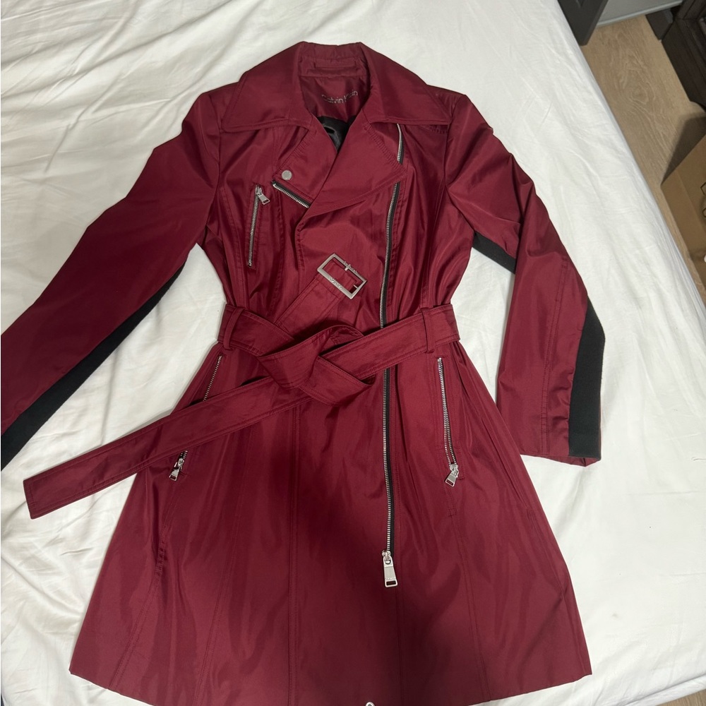 Calvin Klein Cherry Red Trench Coat with Belted Waist - Picture 6 of 10